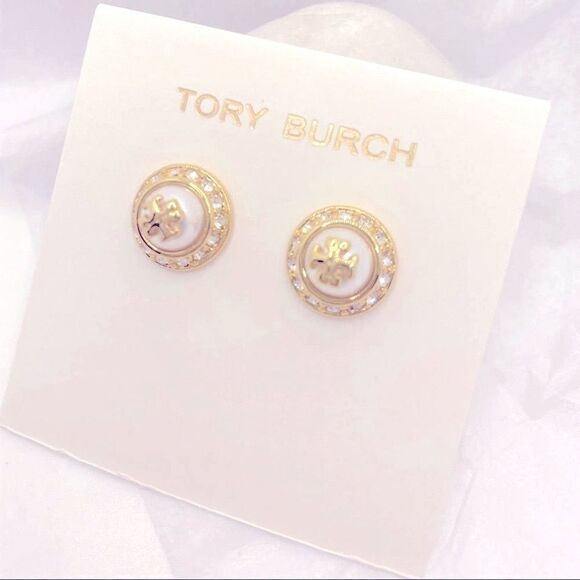 NWOT Tory Burch Gold Logo, Pearl Round Zircon Accent Stud Earrings - Picture 4 of 8